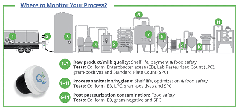 Where to sample in the plant: Schematic of a dairy process showing aseptic inline sampling points 1 to 11 with recommended tests for raw quality, sanitation and hygiene, and post-pasteurization contamination.