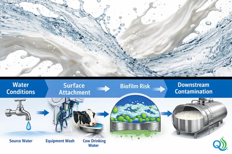 Diagram showing how dairy farm water quality influences surface attachment, biofilm risk, and downstream milk contamination.